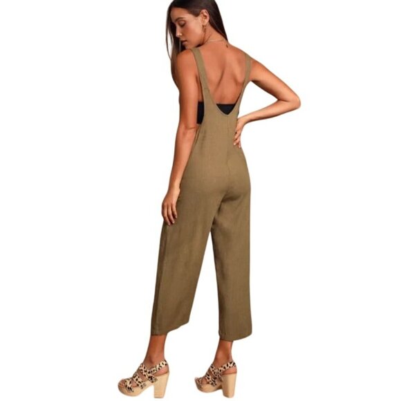 Lulus Torrey Olive Green Wide-Leg Overalls Size S‎ Linen Blend Cropped Leg - Picture 8 of 16
